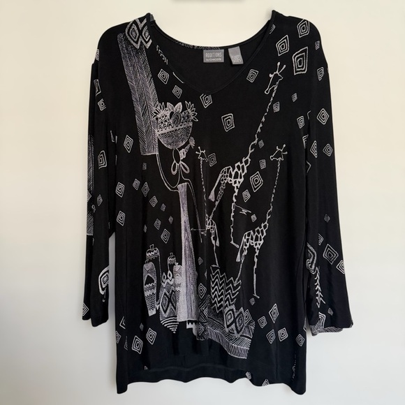 Additions by Chico's Black Slinky Giraffe Print Top Size XL Boho African Safari - Picture 1 of 7
